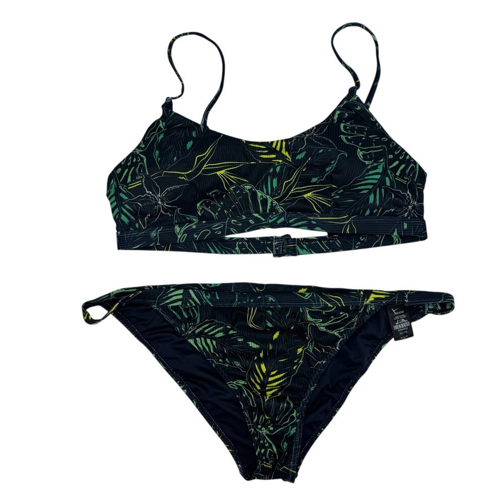 ARDENE *NEW* Ribbed Tropical Floral 2-piece Swim Suit Large XL Bikini Blue Green